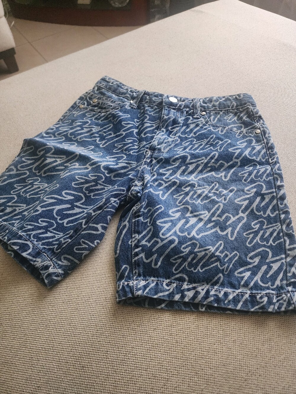FUBU Blue Graphic Script Denim Shorts